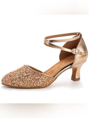 Womens Gold Glitter Dance Salsa Ballroom Latin Tango Compete Practice Shoes, 9.5